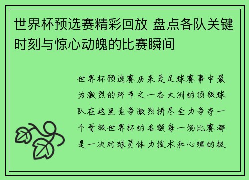 世界杯预选赛精彩回放 盘点各队关键时刻与惊心动魄的比赛瞬间